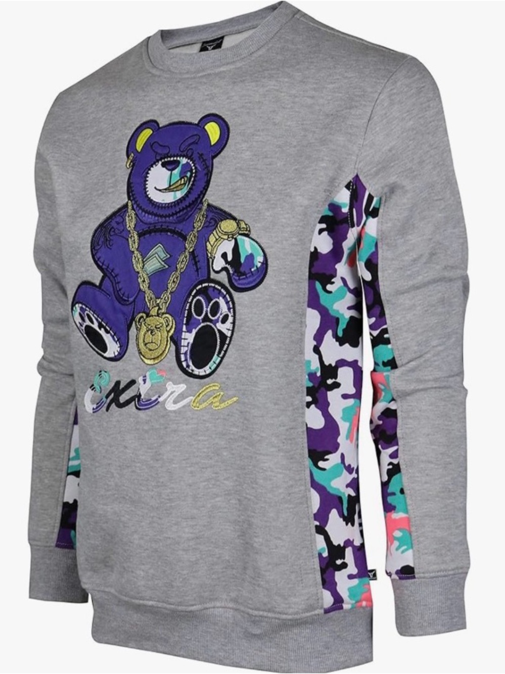 Screenshot Crewneck Sweater with Multicolor Camouflage Sleeves and Bear Motif L